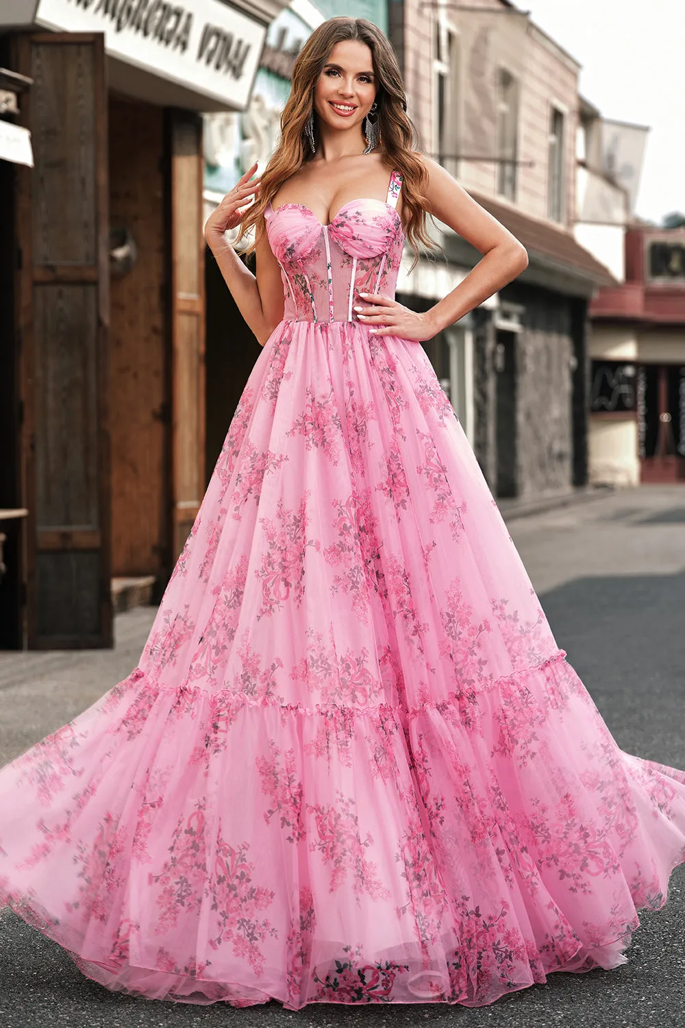 Blush Floral A Line Spaghetti Straps Corset Pleated Prom Dress sold by Wedtrend product image thumbnail 3