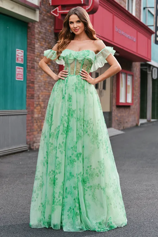 Green Floral A Line Off The Shoulder Corset Long Prom Dress with Slit made by Wedtrend