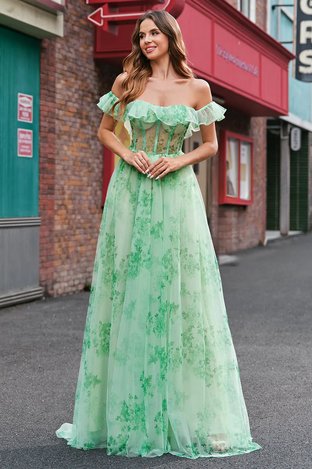 Green Floral A Line Off The Shoulder Corset Long Prom Dress with Slit sold by Wedtrend product image thumbnail 3