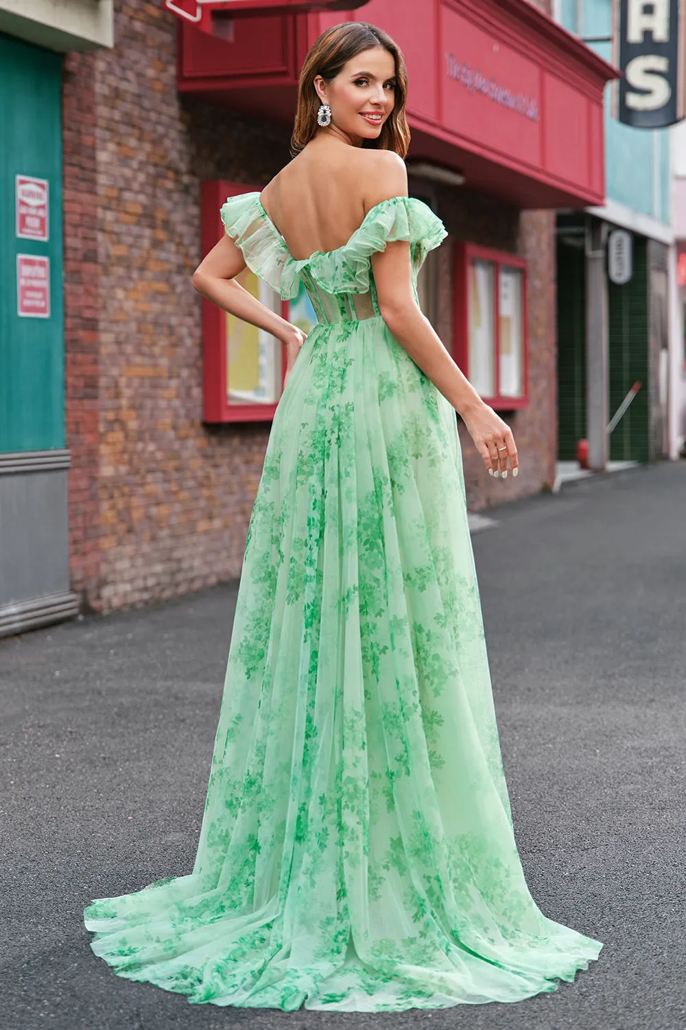 Green Floral A Line Off The Shoulder Corset Long Prom Dress with Slit sold by Wedtrend product image thumbnail 2