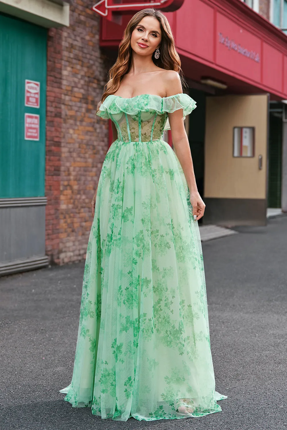 Green Floral A Line Off The Shoulder Corset Long Prom Dress with Slit sold by Wedtrend product image thumbnail 5