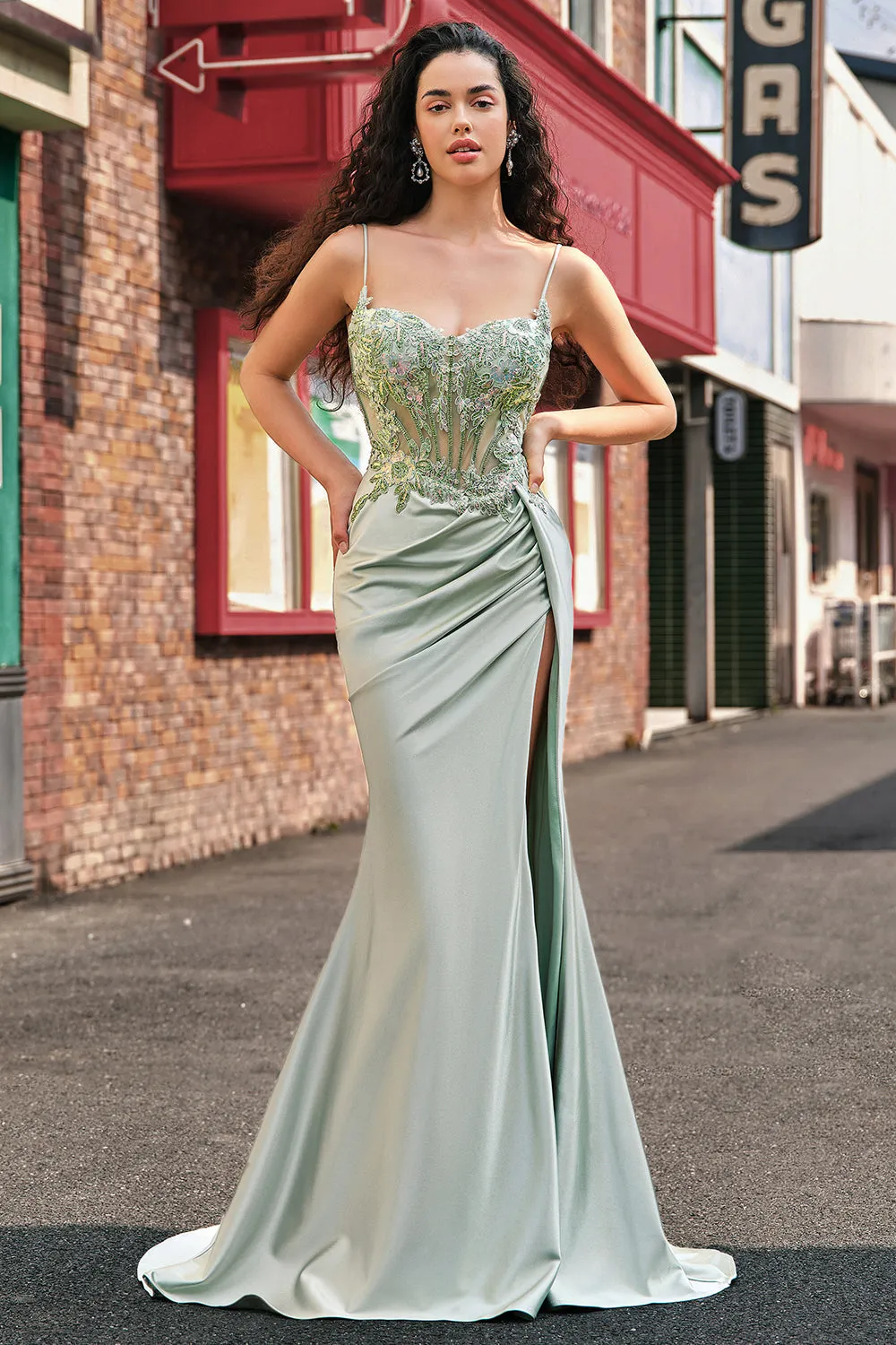 Stylish Sage Mermaid Pleated Sparkly Sequin Corset Long Prom Dress With High Slit sold by Wedtrend