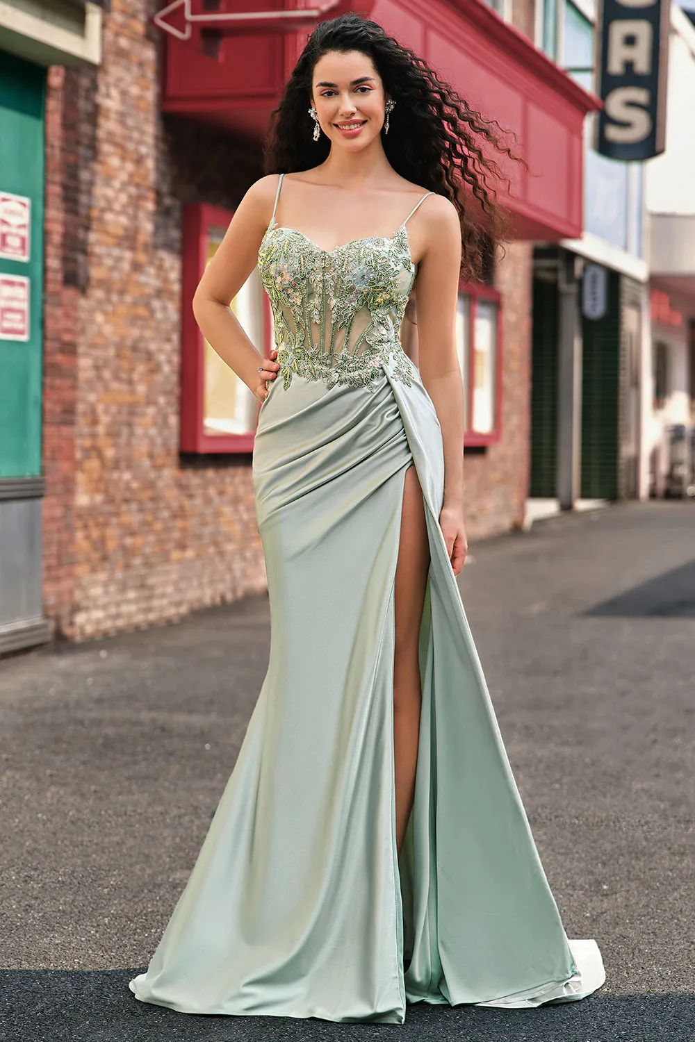Stylish Sage Mermaid Pleated Sparkly Sequin Corset Long Prom Dress With High Slit sold by Wedtrend product image thumbnail 5