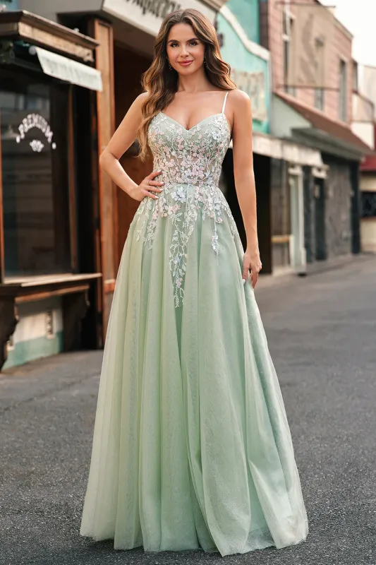 Sage Tulle A Line Spaghetti Straps Lace Up Back Long Prom Dress with Appliques made by Wedtrend