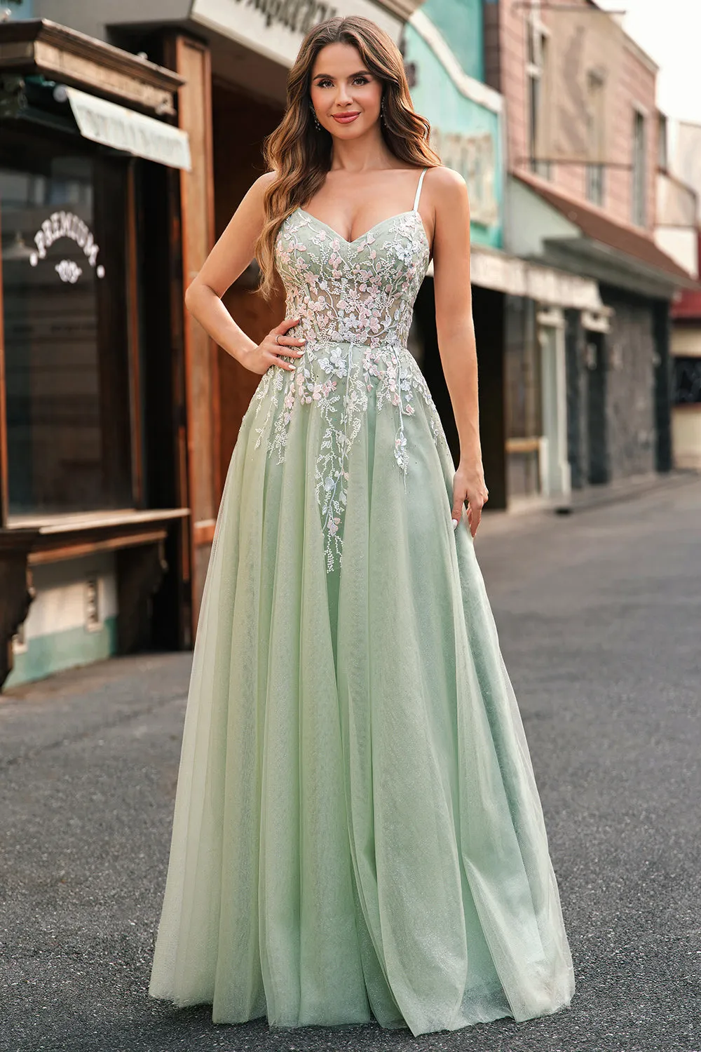 Sage Tulle A Line Spaghetti Straps Lace Up Back Long Prom Dress with Appliques sold by Wedtrend