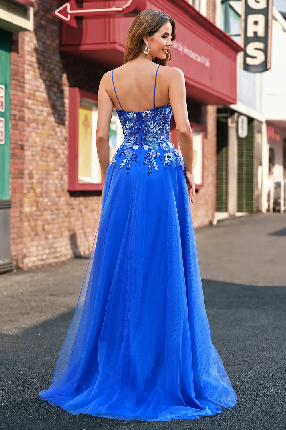 Royal Blue A-Line Spaghetti Straps Tulle Corset Beaded Long Prom Dress with Slit sold by Wedtrend product image thumbnail 2