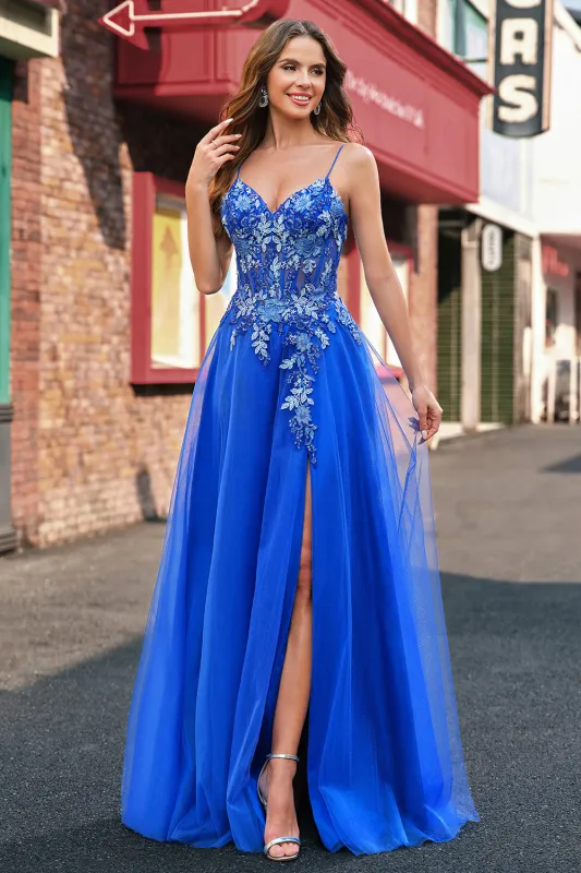 Royal Blue A-Line Spaghetti Straps Tulle Corset Beaded Long Prom Dress with Slit made by Wedtrend