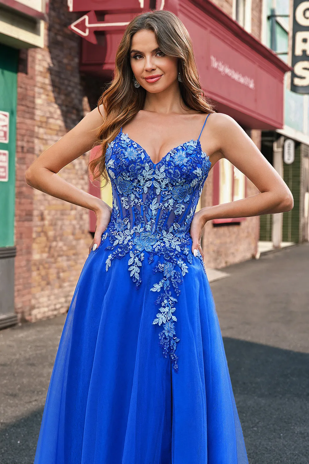 Royal Blue A-Line Spaghetti Straps Tulle Corset Beaded Long Prom Dress with Slit sold by Wedtrend product image thumbnail 4