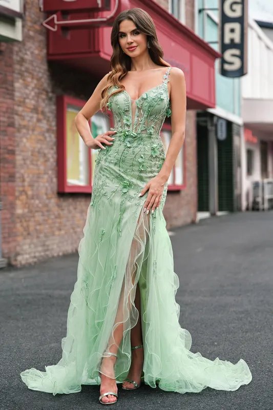 Green Mermaid Spaghetti Straps Corset Long Prom Dress with Slit made by Wedtrend