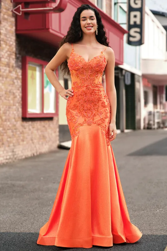 Orange Mermaid Spaghetti Straps Corset Long Prom Dress with Beading made by Wedtrend