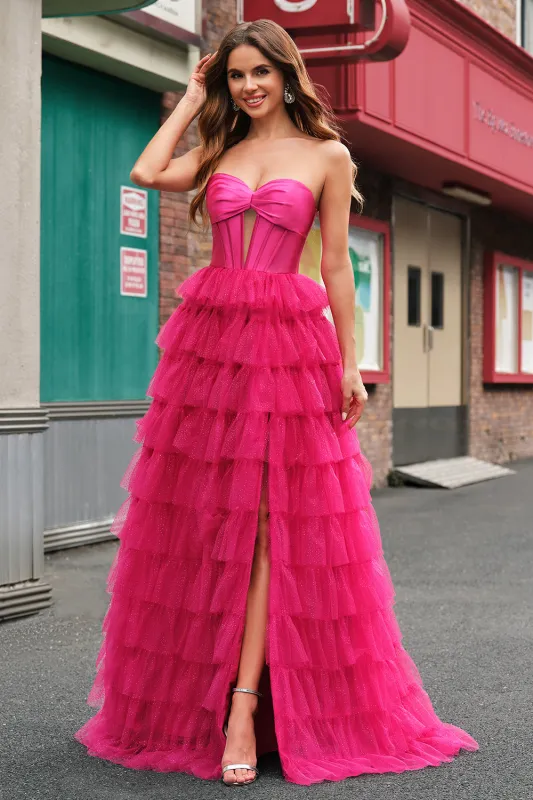 Cute Fuchsia Princess Strapless Corset Cut Out Tiered Tulle Long Prom Dresses made by Wedtrend