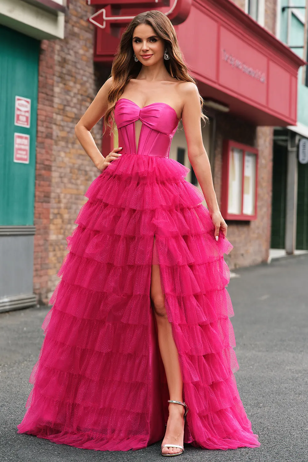 Cute Fuchsia Princess Strapless Corset Cut Out Tiered Tulle Long Prom Dresses sold by Wedtrend product image thumbnail 3
