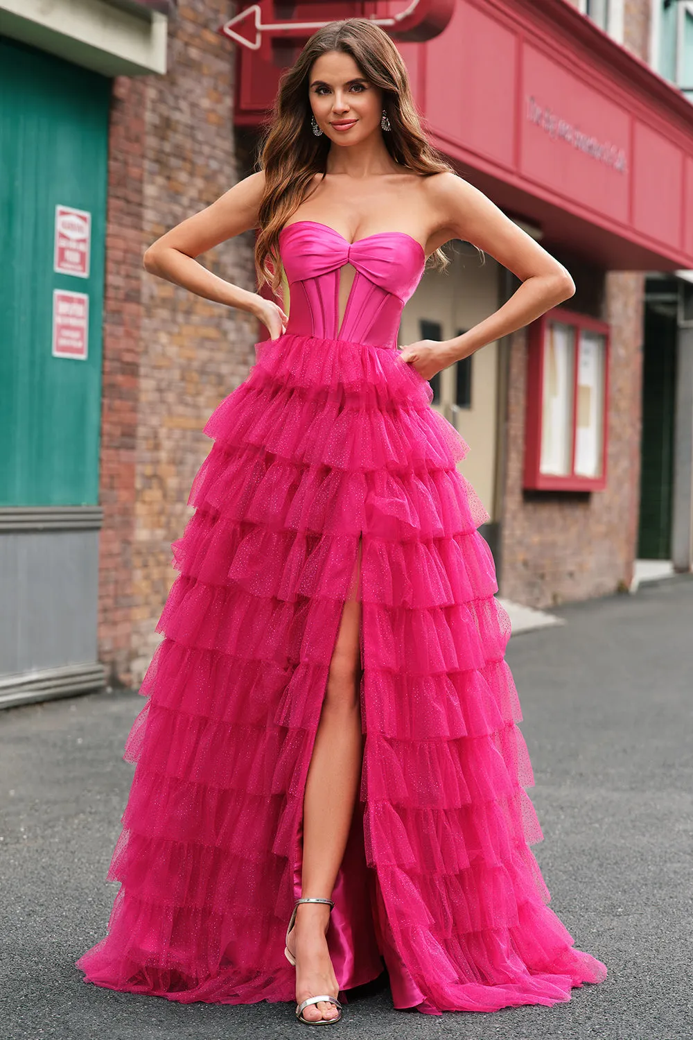 Cute Fuchsia Princess Strapless Corset Cut Out Tiered Tulle Long Prom Dresses sold by Wedtrend product image thumbnail 5