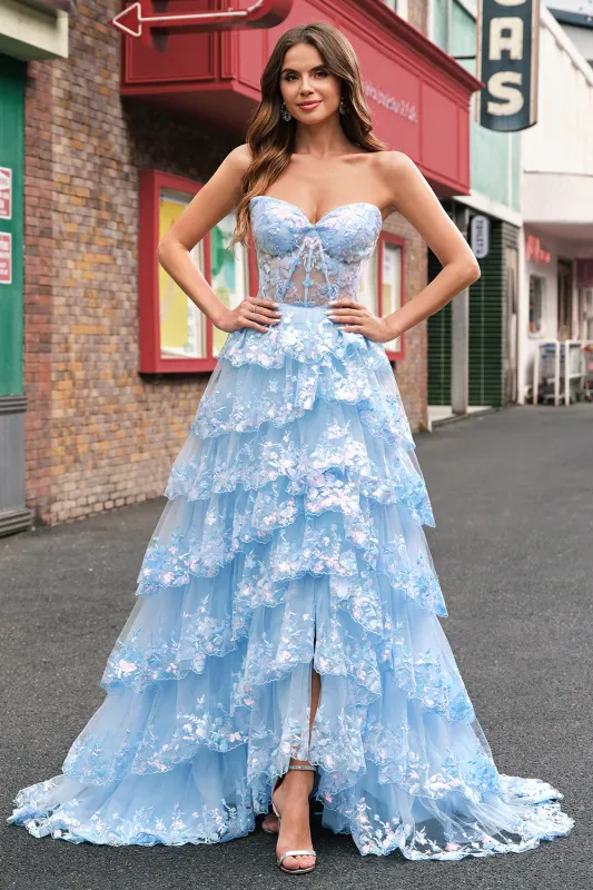 Blue A Line Strapless Sparkly Sequin Corset Tiered Long Prom Dress with Slit sold by Wedtrend