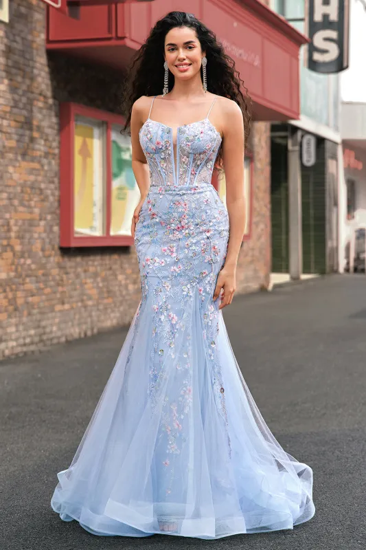 Light Blue Mermaid Spaghetti Straps Corset Tulle Floral Long Prom Dress with Beading sold by Wedtrend