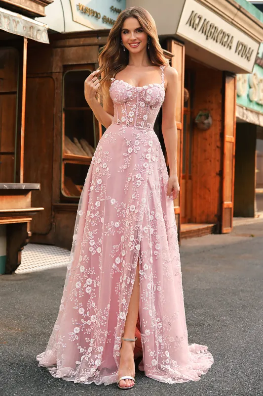 A-Line Spaghetti Straps Corset Sequin Long Blush Prom Dress With Slit made by Wedtrend