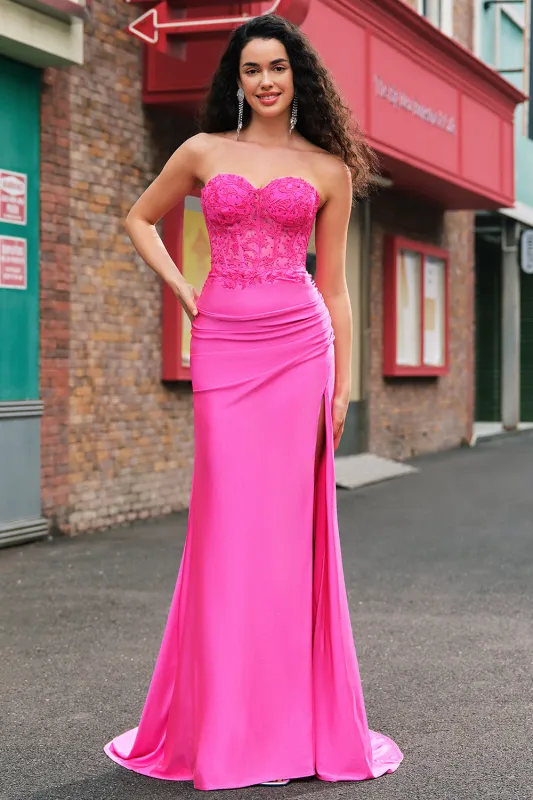 Fuchsia Mermaid Strapless Corset Appliqued Long Prom Dress with Slit sold by Wedtrend