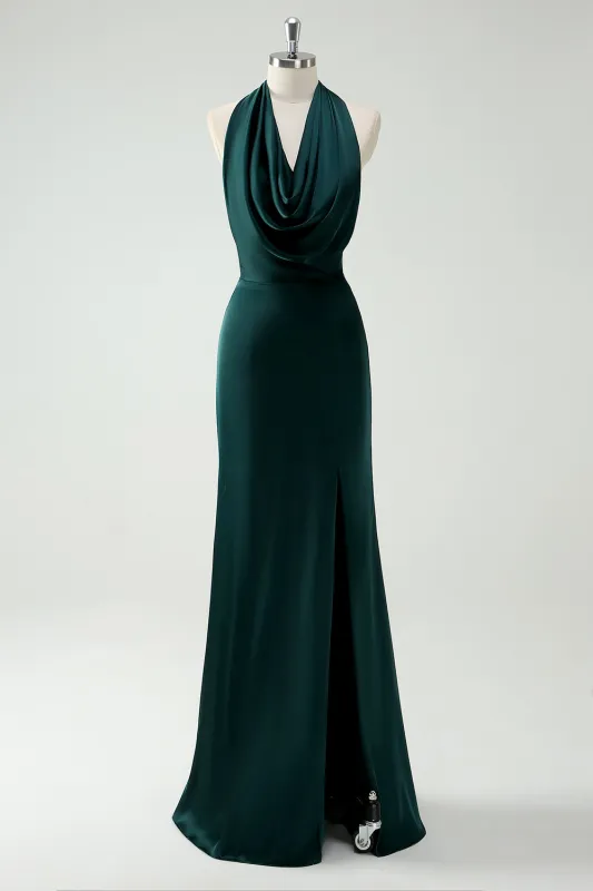 Pine Sheath Halter Cowl Neck Open Back Long Bridesmaid Dress with Slit made by Wedtrend