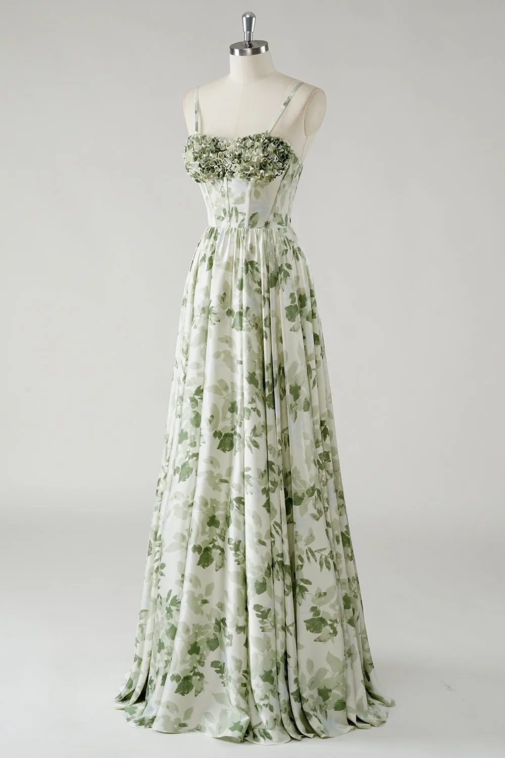Green A Line Spaghetti Straps Printed Floor Length Bridesmaid Dress with Ruffles sold by Wedtrend product image thumbnail 3