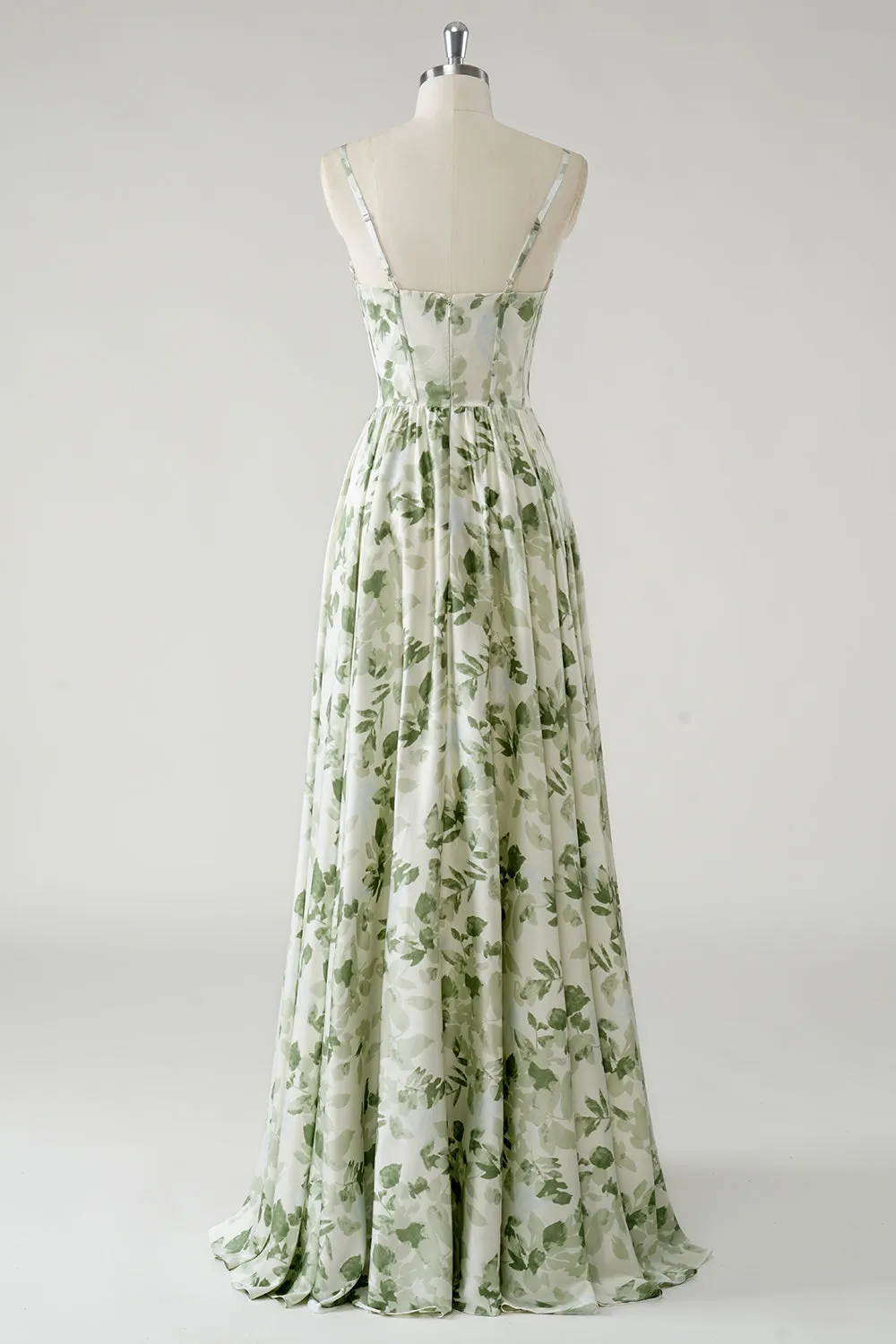 Green A Line Spaghetti Straps Printed Floor Length Bridesmaid Dress with Ruffles sold by Wedtrend product image thumbnail 2