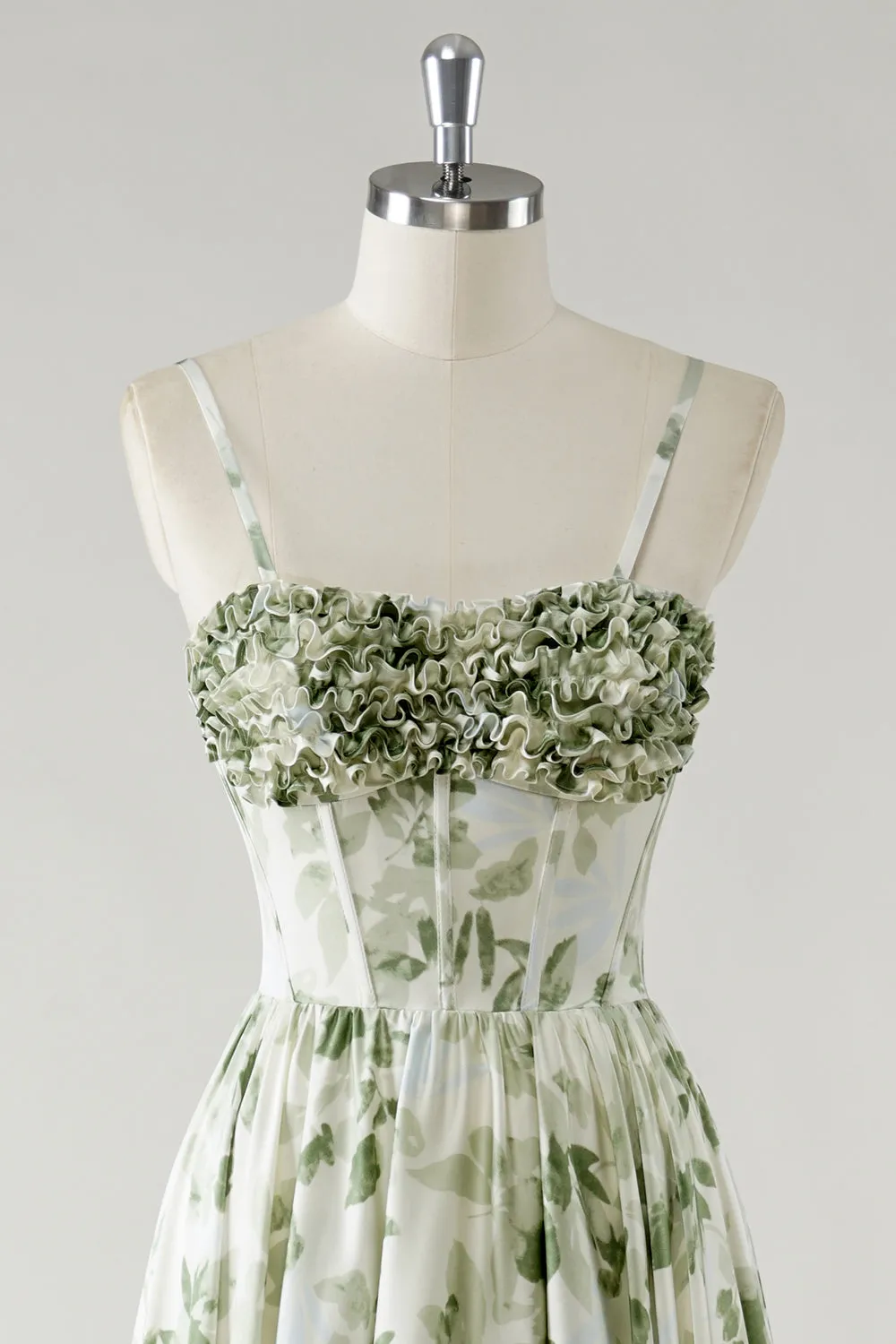 Green A Line Spaghetti Straps Printed Floor Length Bridesmaid Dress with Ruffles sold by Wedtrend product image thumbnail 4