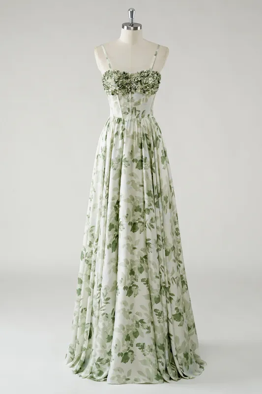 Green A Line Spaghetti Straps Printed Floor Length Bridesmaid Dress with Ruffles made by Wedtrend