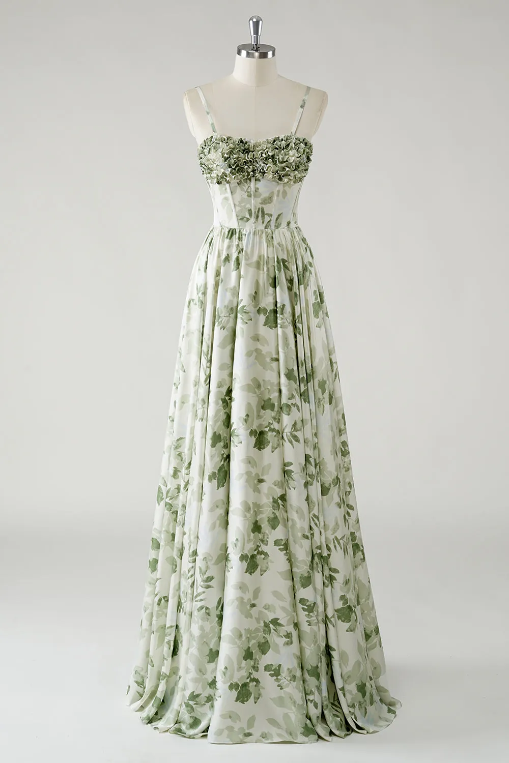 Green A Line Spaghetti Straps Printed Floor Length Bridesmaid Dress with Ruffles sold by Wedtrend