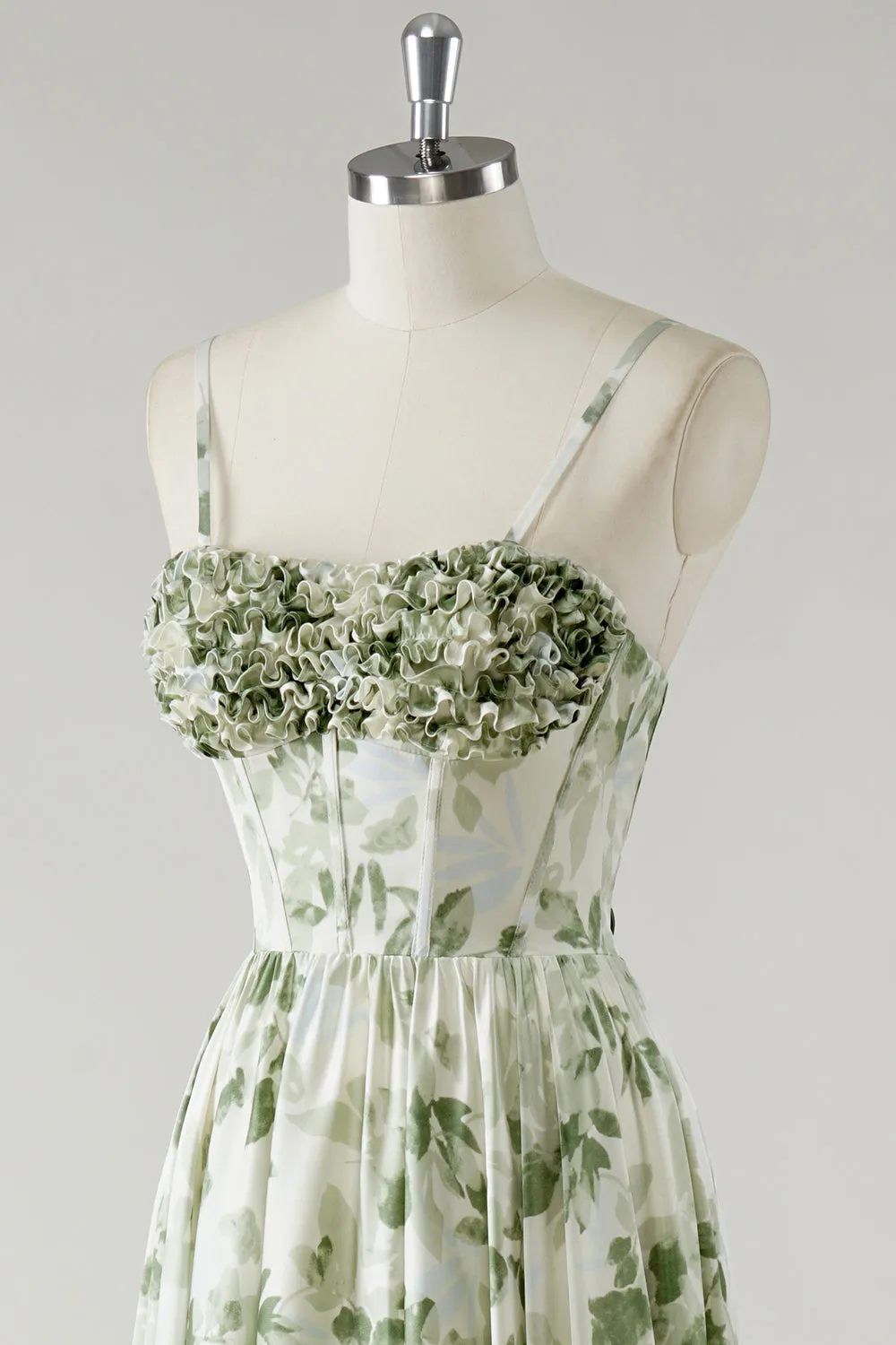 Green A Line Spaghetti Straps Printed Floor Length Bridesmaid Dress with Ruffles sold by Wedtrend product image thumbnail 5