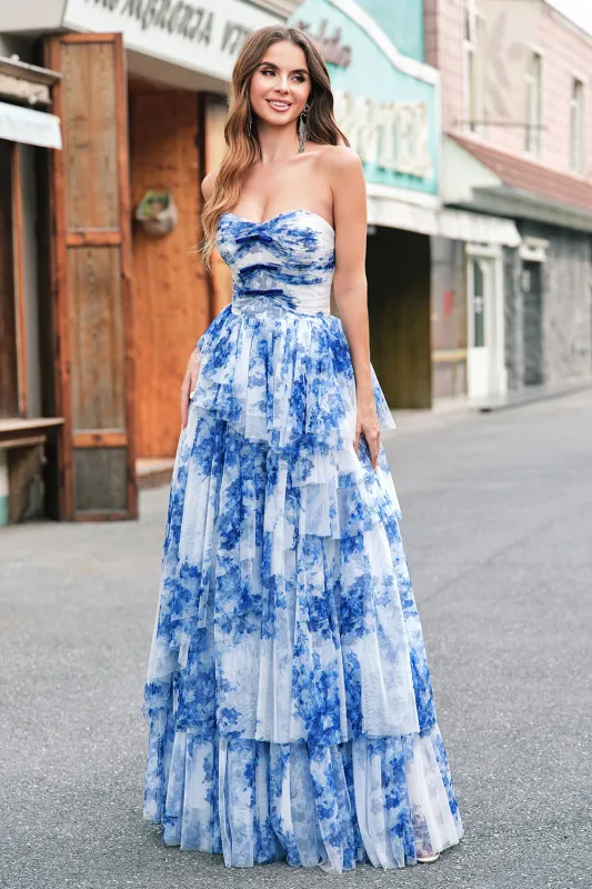 White Blue Flower A Line Strapless Tiered Long Prom Dress with Bows made by Wedtrend