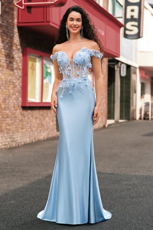 Sky Blue Mermaid Off The Shoulder Corset Floral Long Prom Dress with 3D Flowers sold by Wedtrend