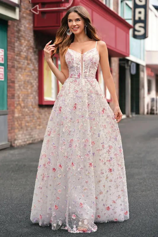 Stylish Pink A-Line Spaghetti Straps Floral Beaded Prom Dress with Lace Up Back made by Wedtrend