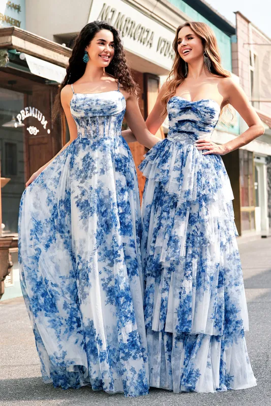 White Blue Flower A-Line Spaghetti Straps Corset Long Prom Dress With Slit made by Wedtrend