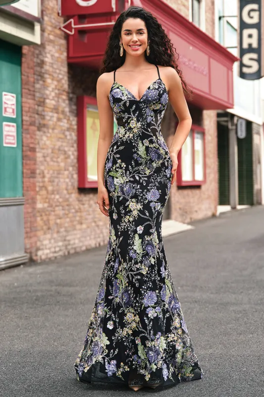 Black Mermaid Spaghetti Straps Sparkly Sequins Long Prom Dress with Appliques sold by Wedtrend