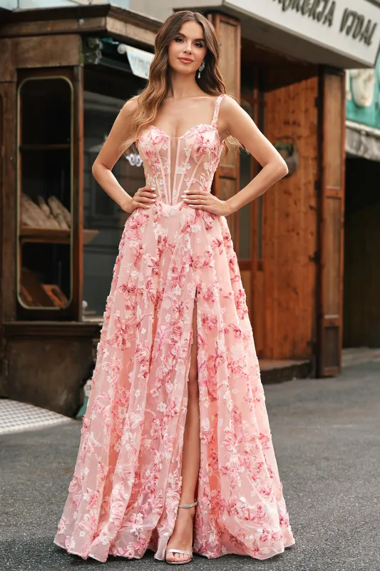 Pink A-Line Off The Shoulder Corset 3D Butterflies Floral Prom Dress with Slit sold by Wedtrend