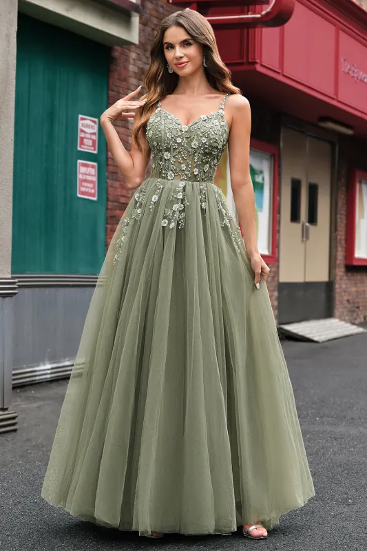 Green Tulle Spaghetti Straps A Line Corset Long Prom Dress with Appliques sold by Wedtrend