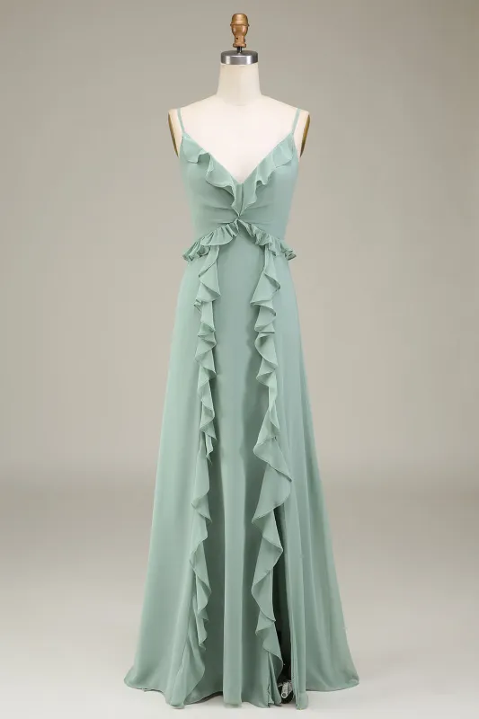 Matcha Spaghetti Straps Chiffon Bohemian Bridesmaid Dress With Ruffle Slit made by Wedtrend