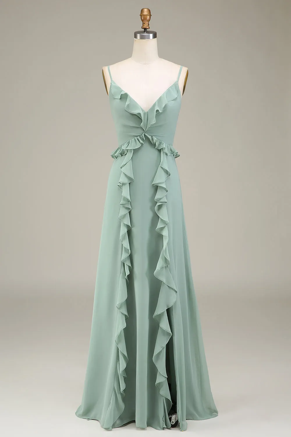 Matcha Spaghetti Straps Chiffon Bohemian Bridesmaid Dress With Ruffle Slit sold by Wedtrend