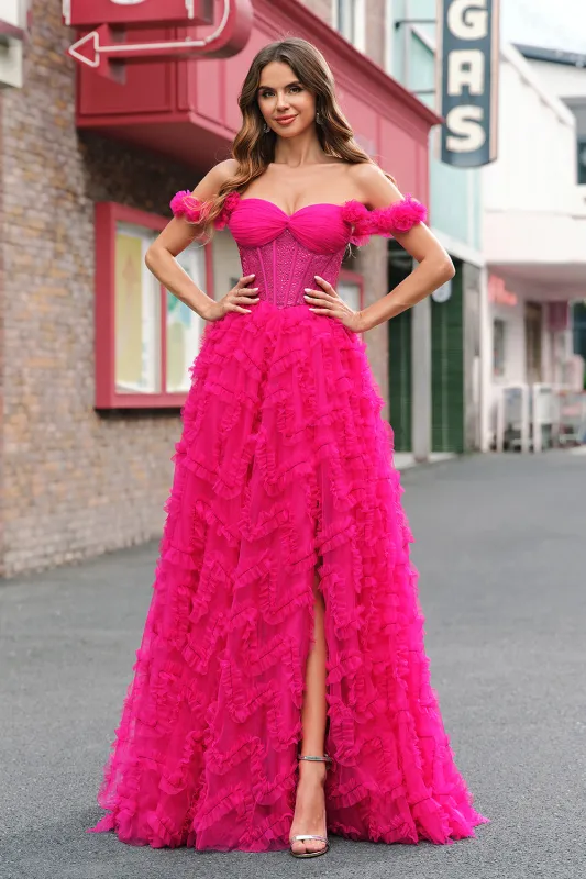 Fuchsia Off The Shoulder A-Line Ruched Tiered Corset Beaded Prom Dress with Slit made by Wedtrend