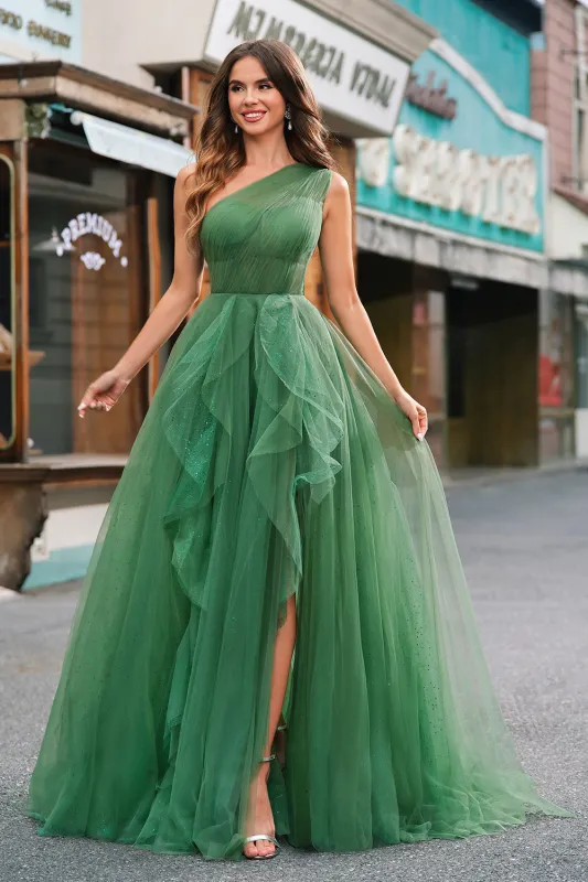 Glitter Dark Green A-Line One-Shoulder Tulle Long Prom Dress with Slit made by Wedtrend