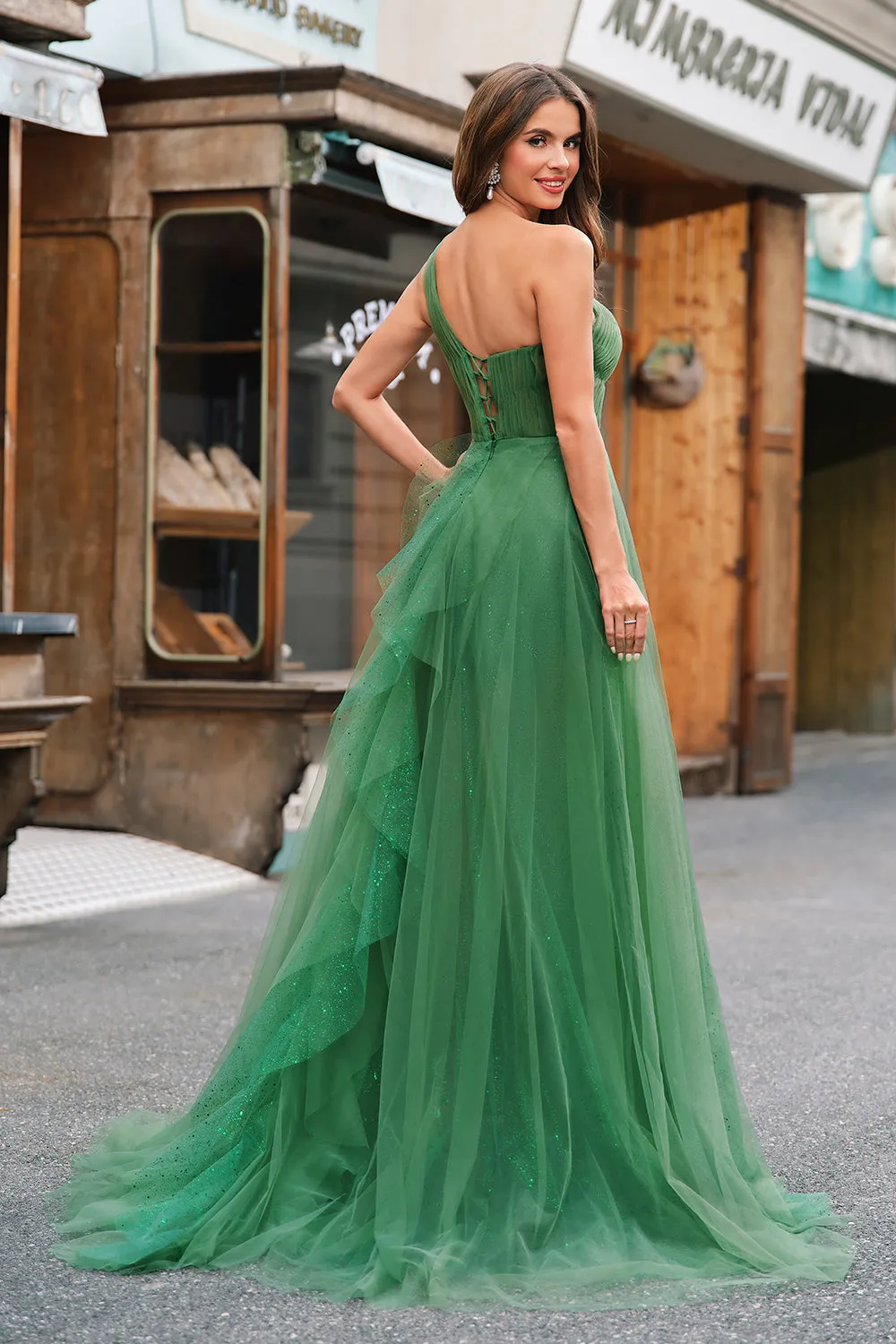 Glitter Dark Green A-Line One-Shoulder Tulle Long Prom Dress with Slit sold by Wedtrend product image thumbnail 2