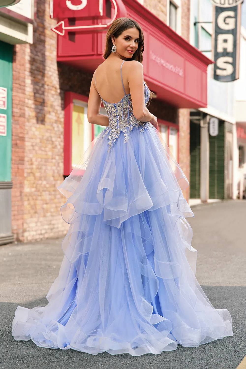 Sparkly A-Line Light Blue Corset Sequin Long Prom Dress with Spiral Ruffles sold by Wedtrend product image thumbnail 2