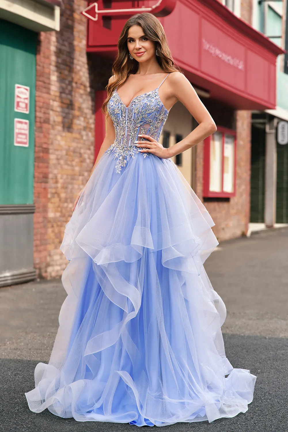 Sparkly A-Line Light Blue Corset Sequin Long Prom Dress with Spiral Ruffles sold by Wedtrend product image thumbnail 4