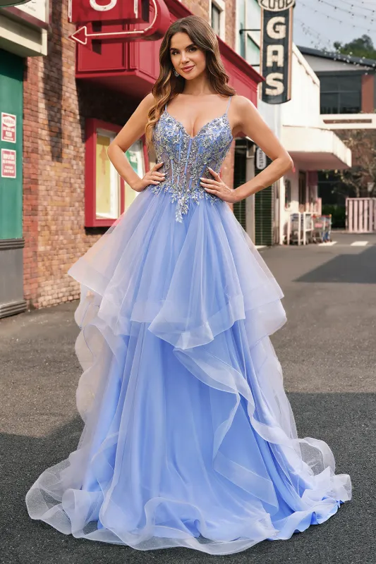 Sparkly A-Line Light Blue Corset Sequin Long Prom Dress with Spiral Ruffles made by Wedtrend