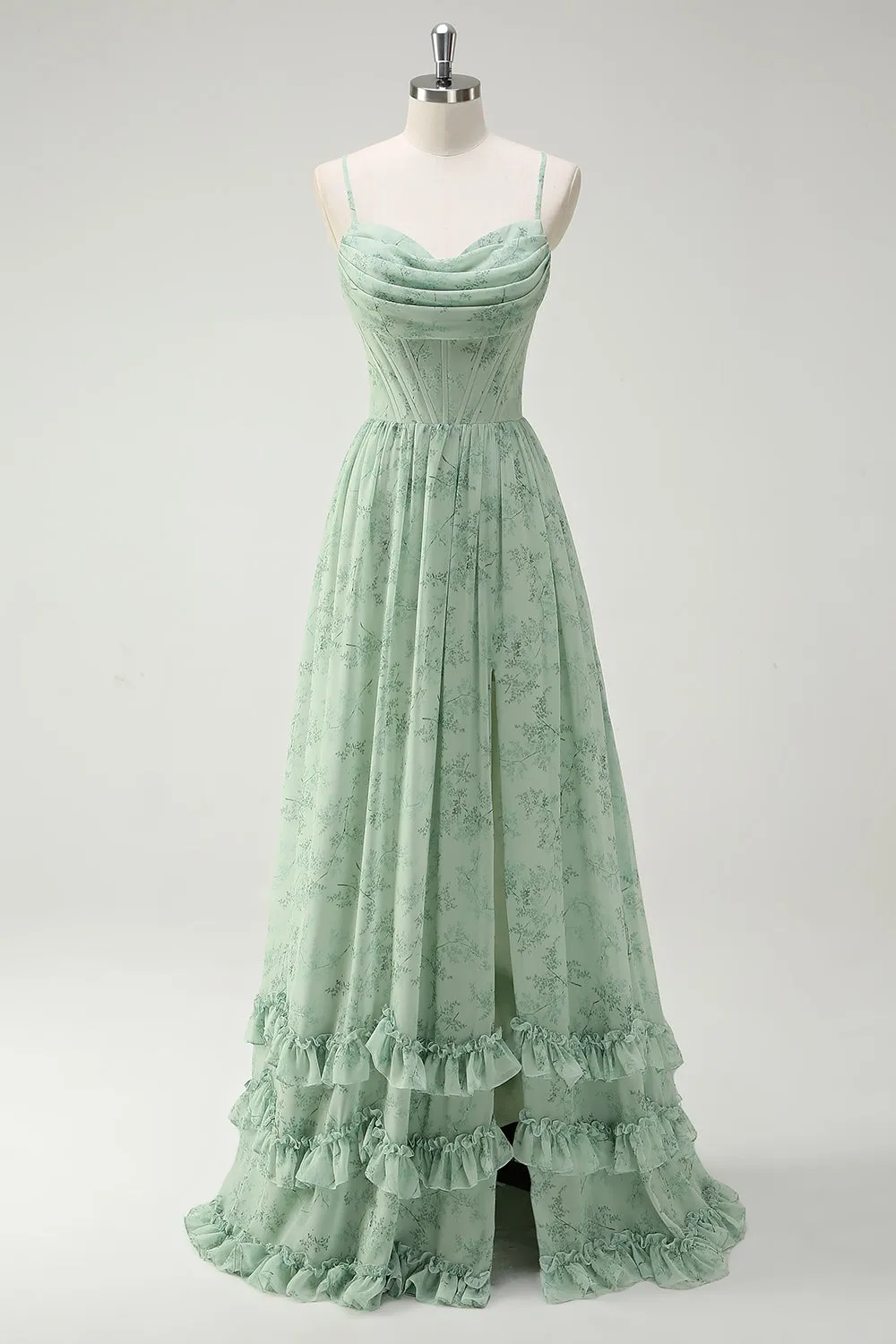 Green Floral A-Line Cowl Neck Corset Long Bridesmaid Dress with Ruffle Slit sold by Wedtrend