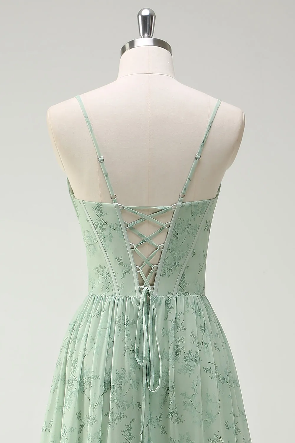 Green Floral A-Line Cowl Neck Corset Long Bridesmaid Dress with Ruffle Slit sold by Wedtrend product image thumbnail 5