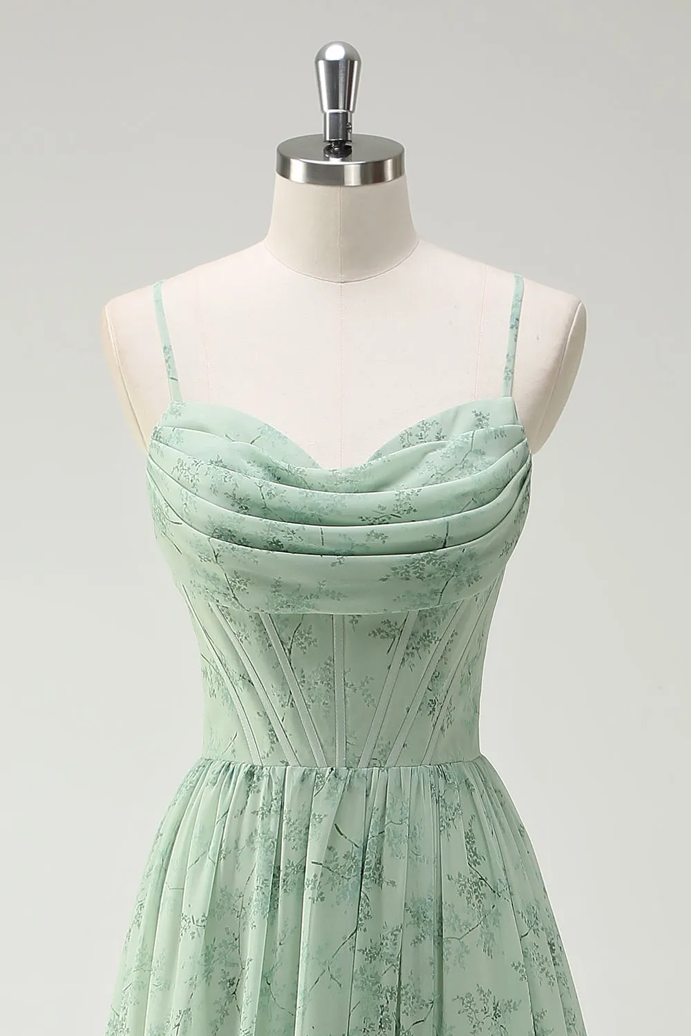 Green Floral A-Line Cowl Neck Corset Long Bridesmaid Dress with Ruffle Slit sold by Wedtrend product image thumbnail 4