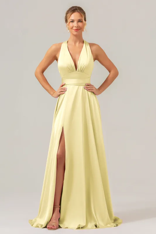 Daffodil A Line Deep V Neck Lace Up Back Long Satin Bridesmaid Dress with Slit made by Wedtrend