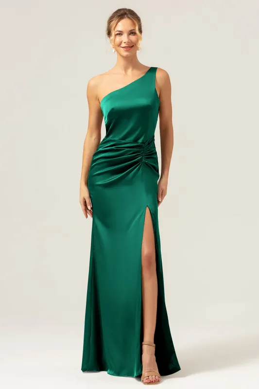 Dark Green Elegant Mermaid One Shoulder Pleated Backless Bridesmaid Dress with Slit made by Wedtrend