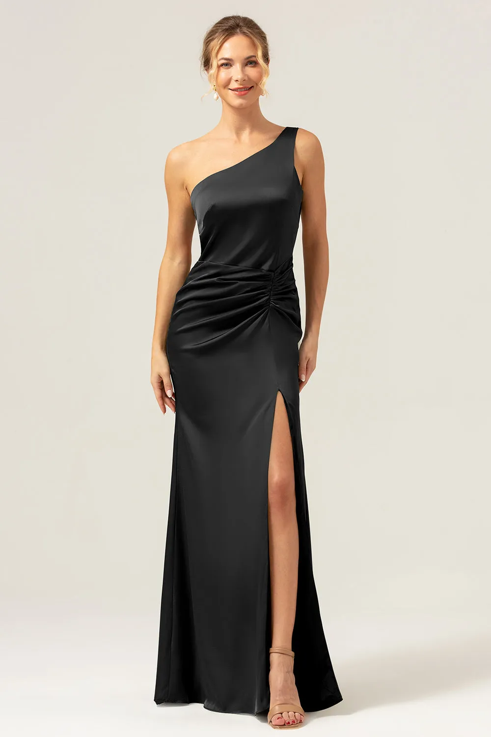 Dark Green Elegant Mermaid One Shoulder Pleated Backless Bridesmaid Dress with Slit sold by Wedtrend product image thumbnail 3