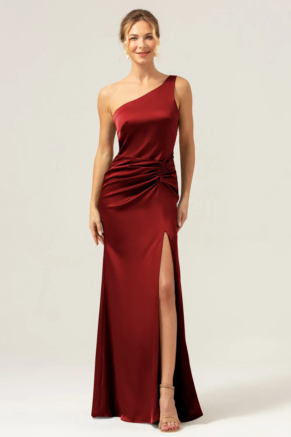 Dark Green Elegant Mermaid One Shoulder Pleated Backless Bridesmaid Dress with Slit sold by Wedtrend product image thumbnail 5